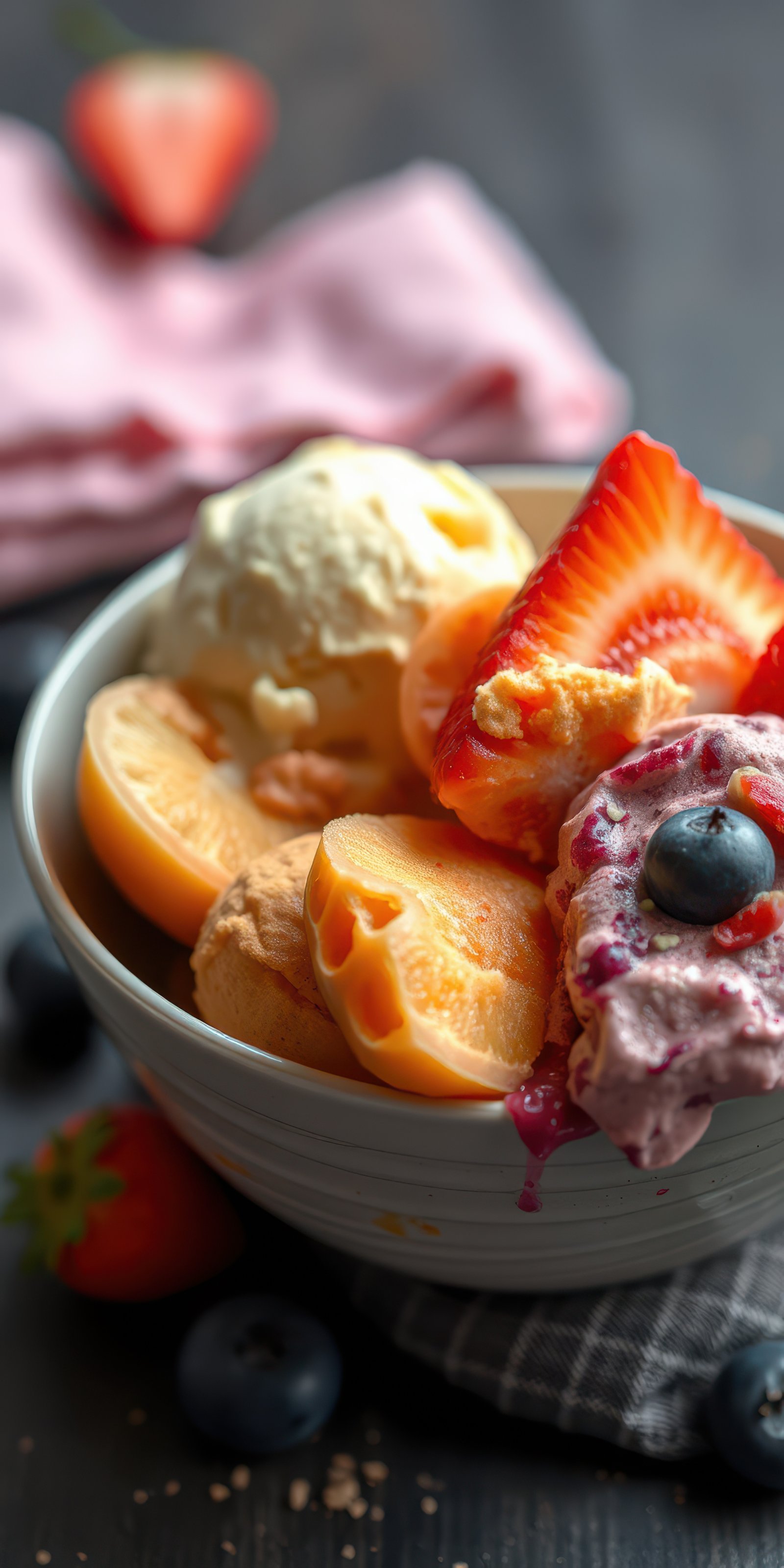 Dessert bowl filled with ice cream and fresh fruits creates a delightful treat enjoyed on a warm afternoon